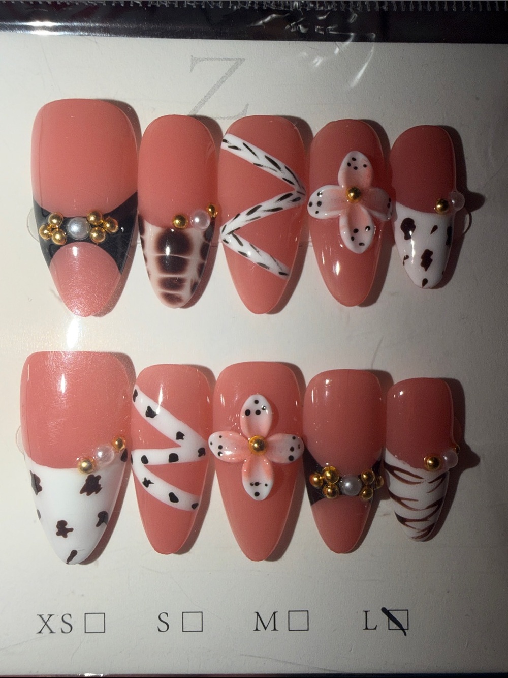 Peach Pink Floral & Animal Accent Press-On Nail Set